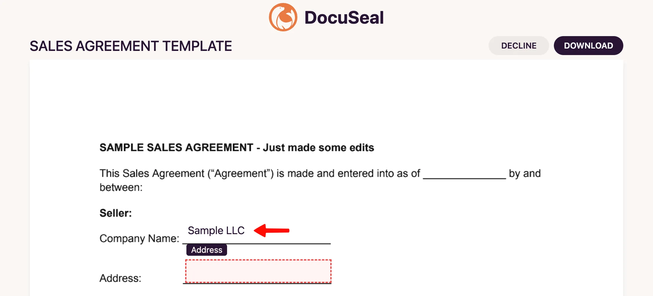 Pre-filled field in the signing form
