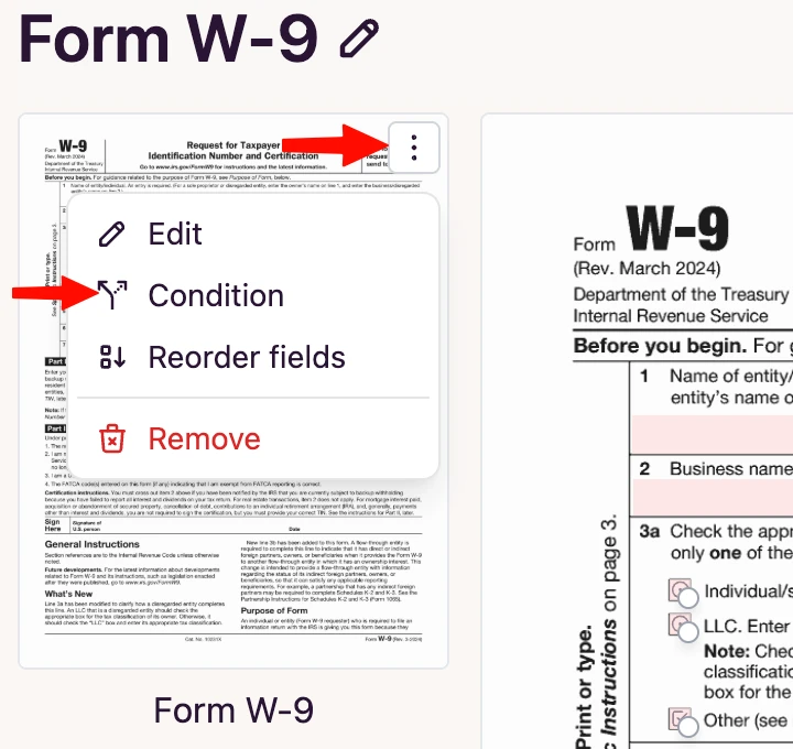 Condition option in the document menu