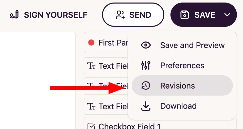 Revisions option in the template editor Save dropdown