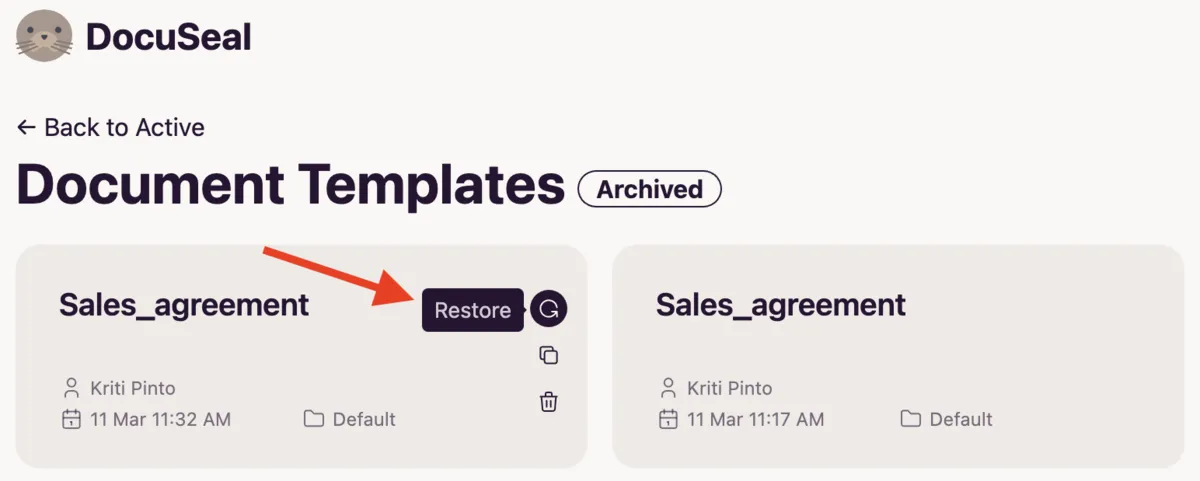Template dashboard card restore button