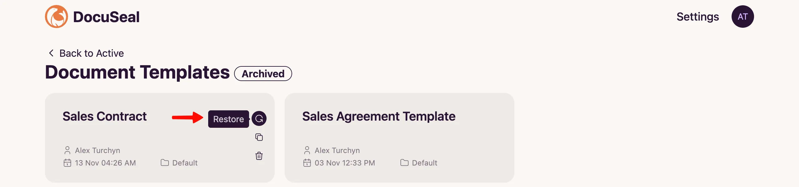 Template dashboard card restore button