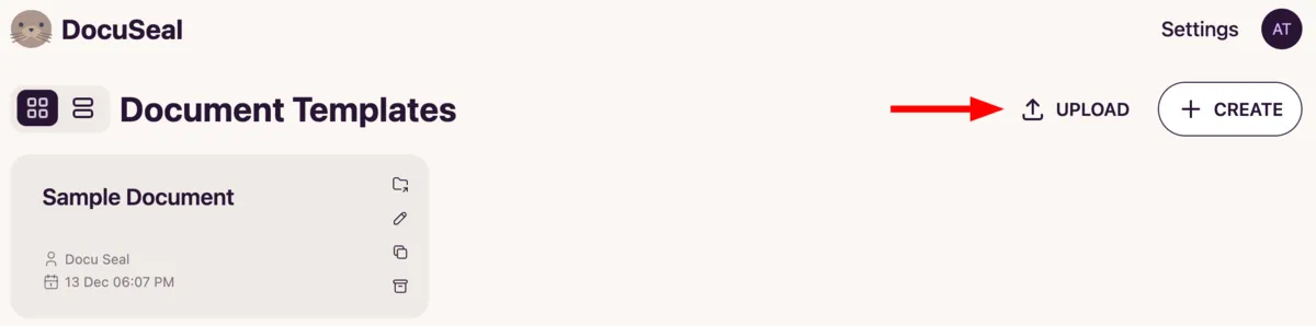 Template dashboard upload button