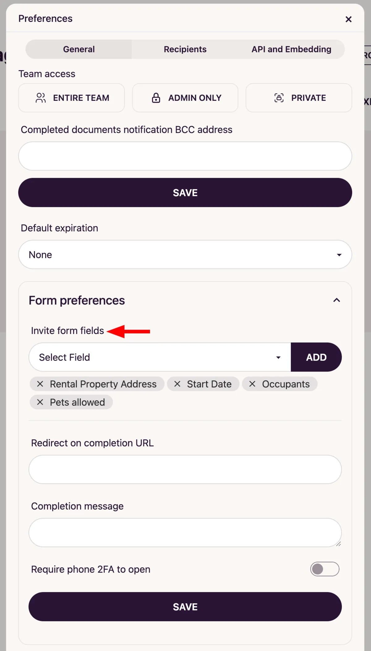 Template Preferences Invite Form Fields