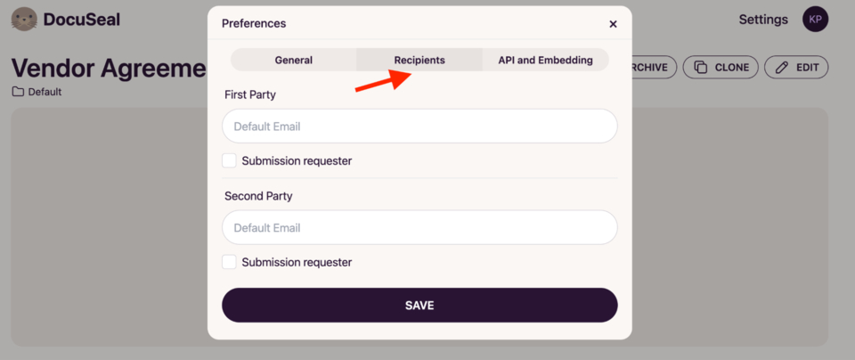 Template Preferences Modal Recipients Tab