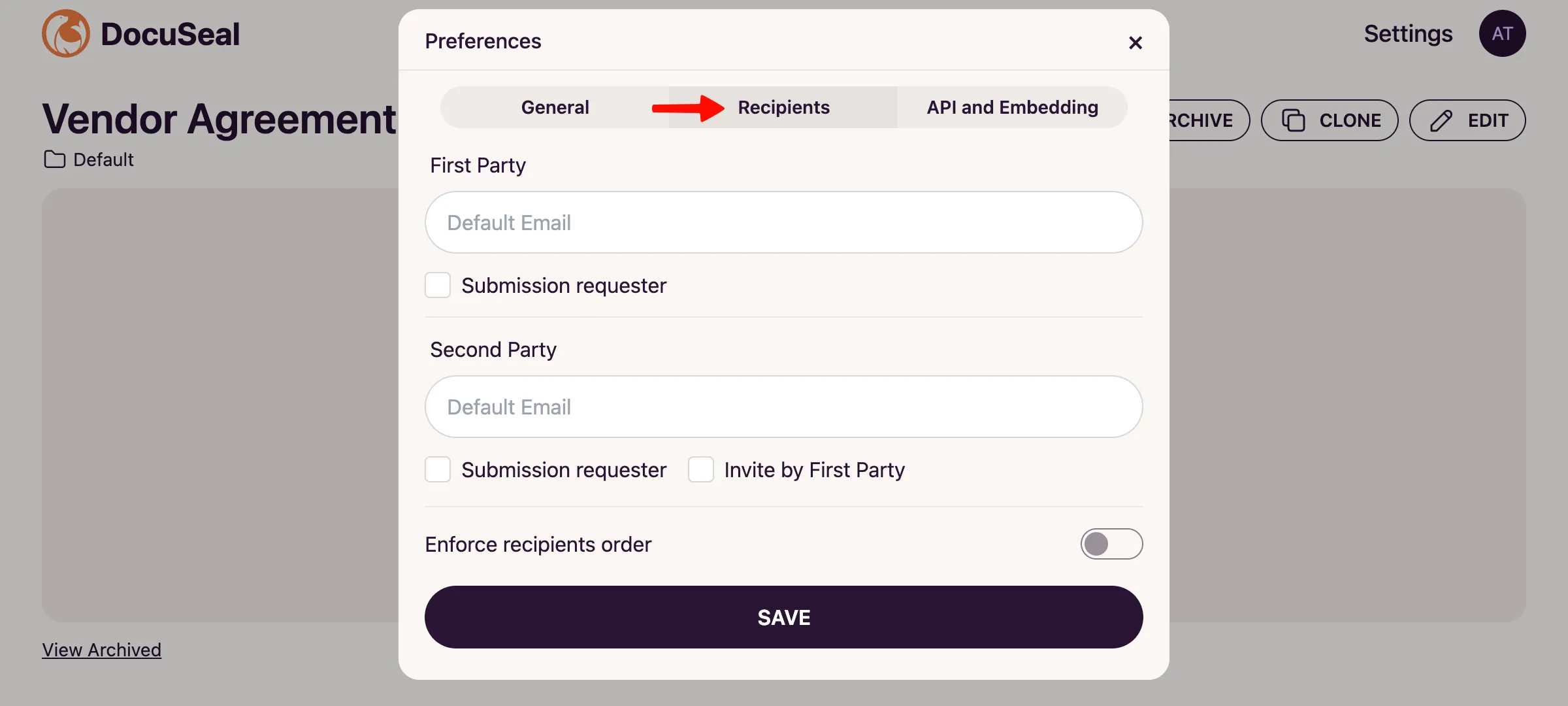 Template Preferences Modal Recipients Tab