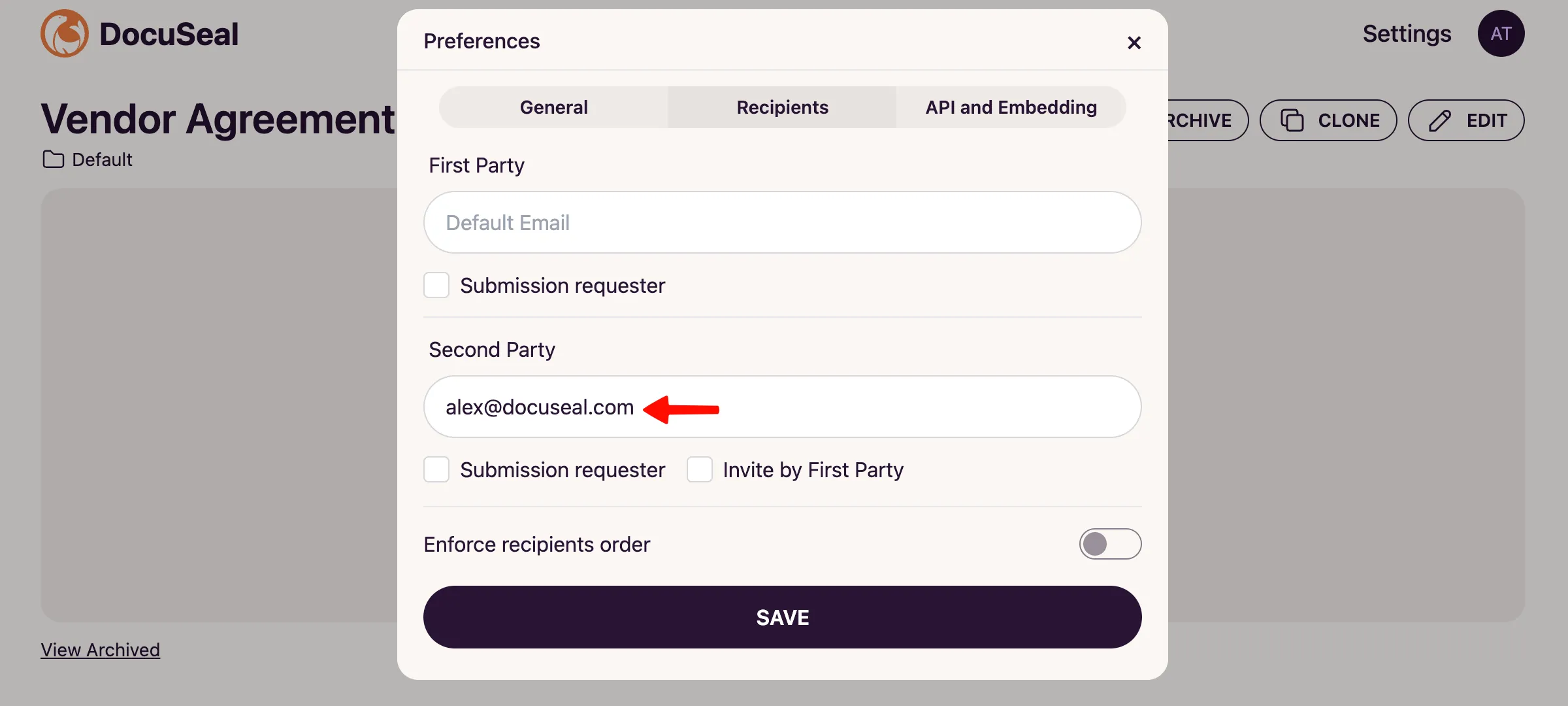 Template Preferences Modal Second Party Email