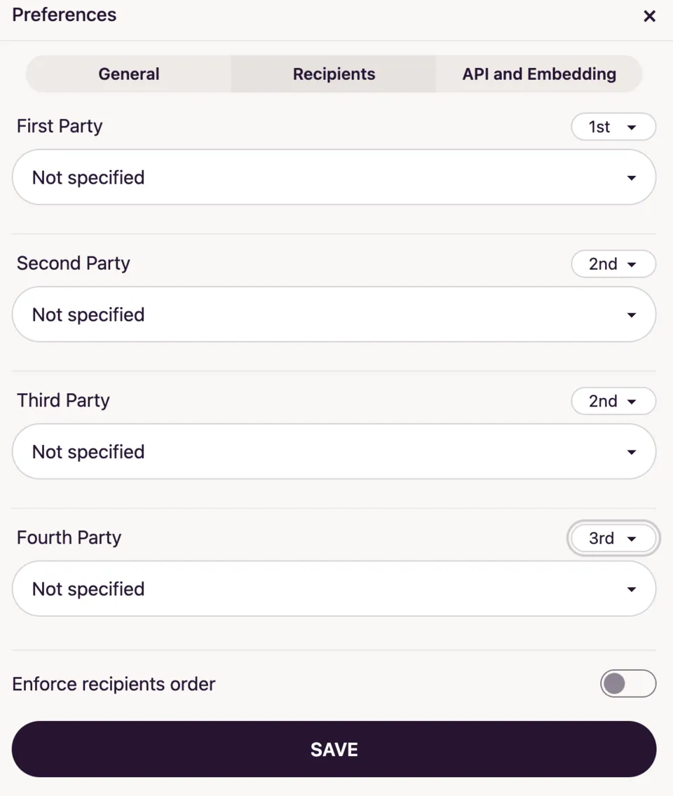Template Preferences Recipients Order